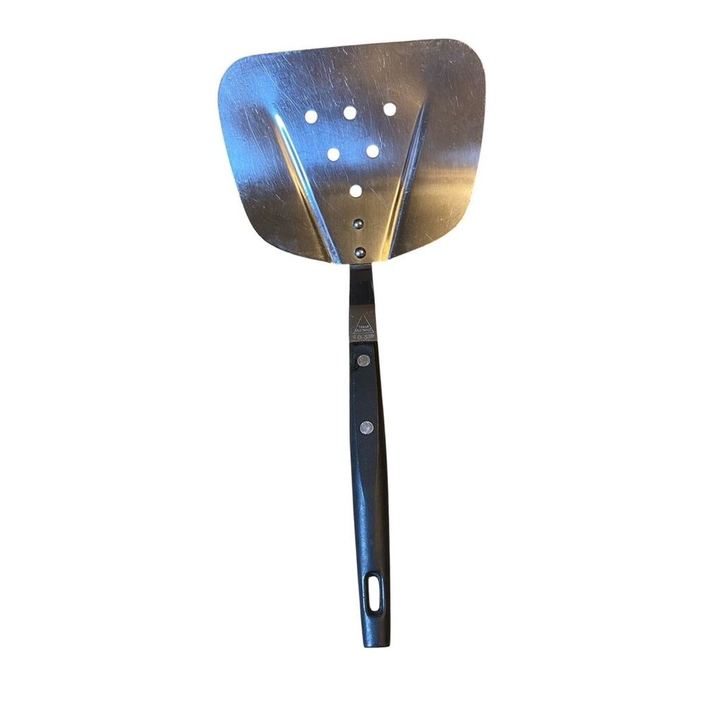 Vtg Stainless Steel Japan Angled Flipper Spatula 5 1/2" Wide Wood Handle Rivets